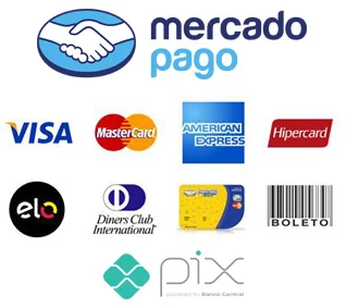 Formas de pagamento aceitas: Mercado Pago, Visa, Mastercard, American Express, Hipercard, Elo, Diners, boleto e Pix